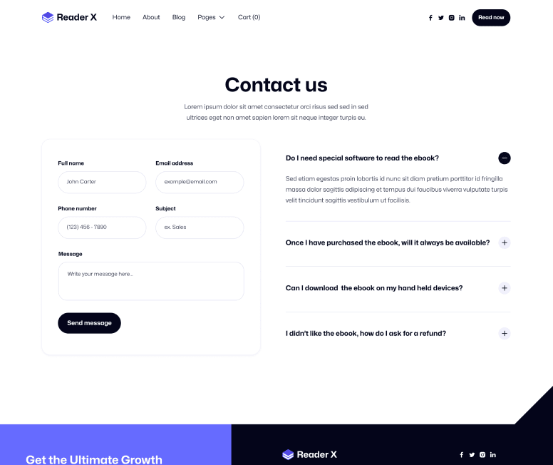 Reader X - Contact Main Page - Ebook Webflow Template