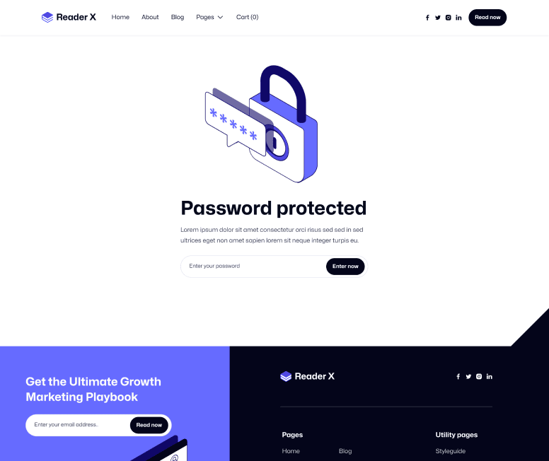 Reader X - Password Protected Utility Page - Ebook Webflow Template